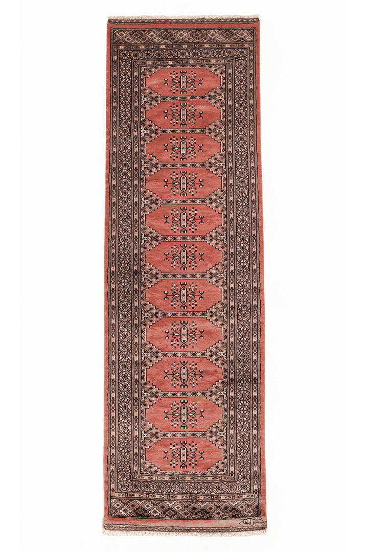 Salmon and ivory Turkmen gül Bokhara runner, 79×266cm, signed hand-knotted wool