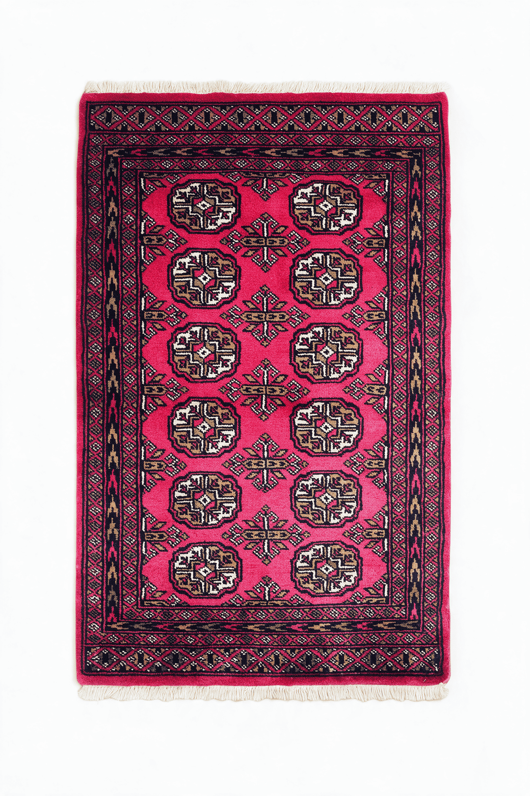 Raspberry Pakistani Bokhara Rug, gul design, hand-knotted, 79×124cm