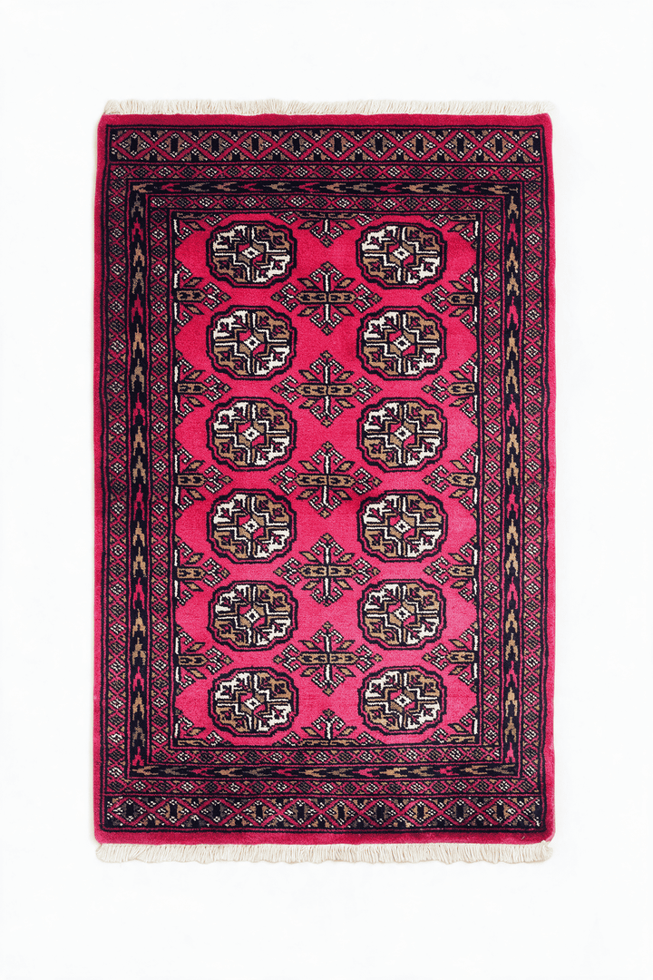 Raspberry Pakistani Bokhara Rug, gul design, hand-knotted, 79×124cm