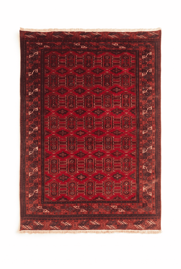 Deep red Turkmen panel Afghan Sherwan rug, 132×167cm, 1.5 tatami