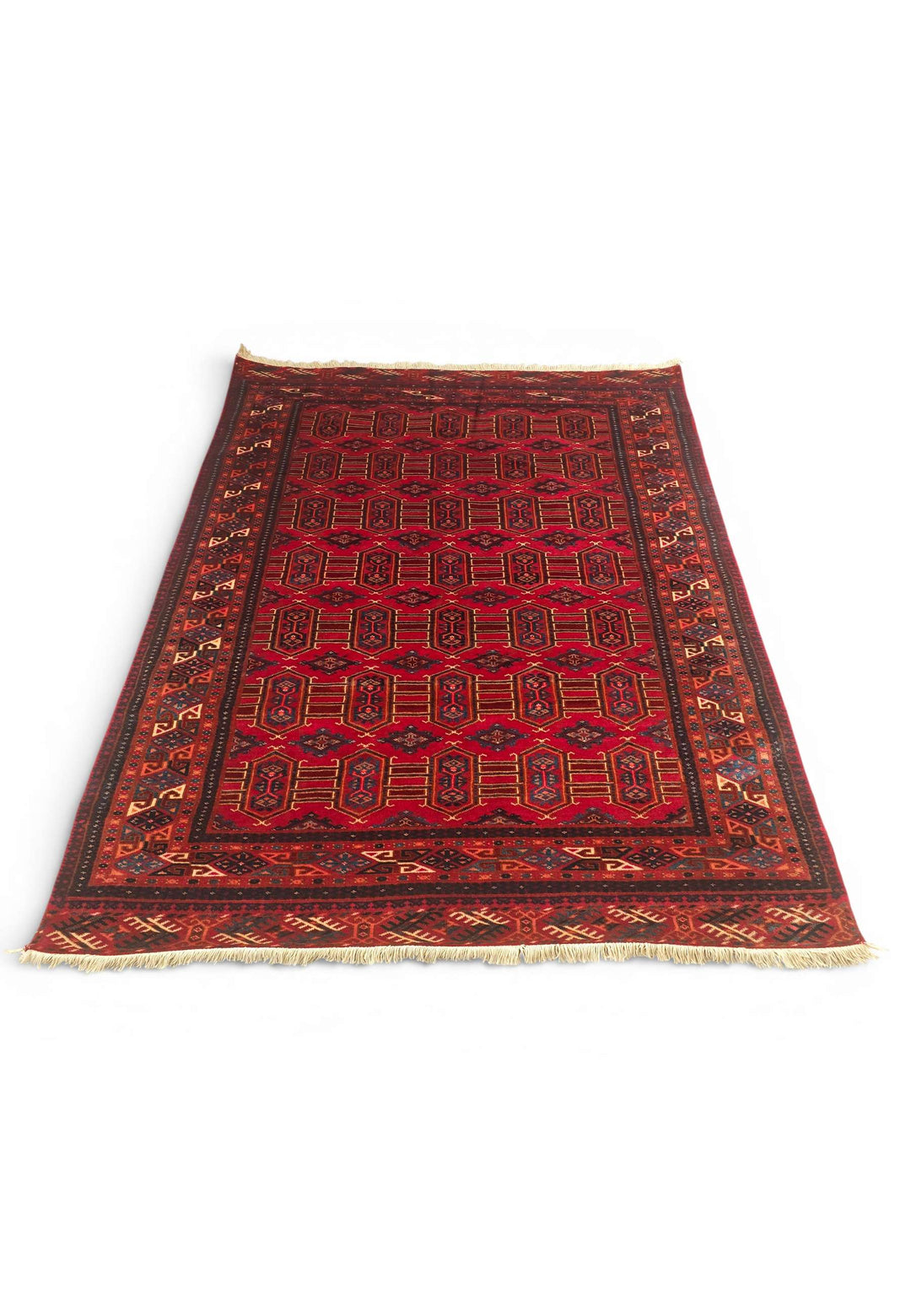 Border detail of deep red Turkmen hand-knotted Afghan rug