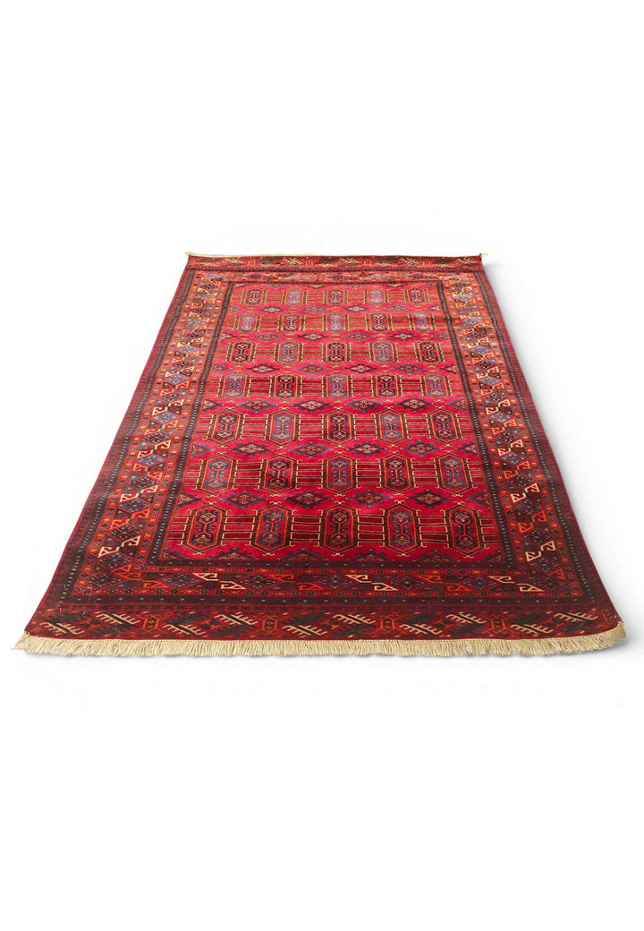 Hand-knotted wool pile of deep red panel rug, 132×167cm