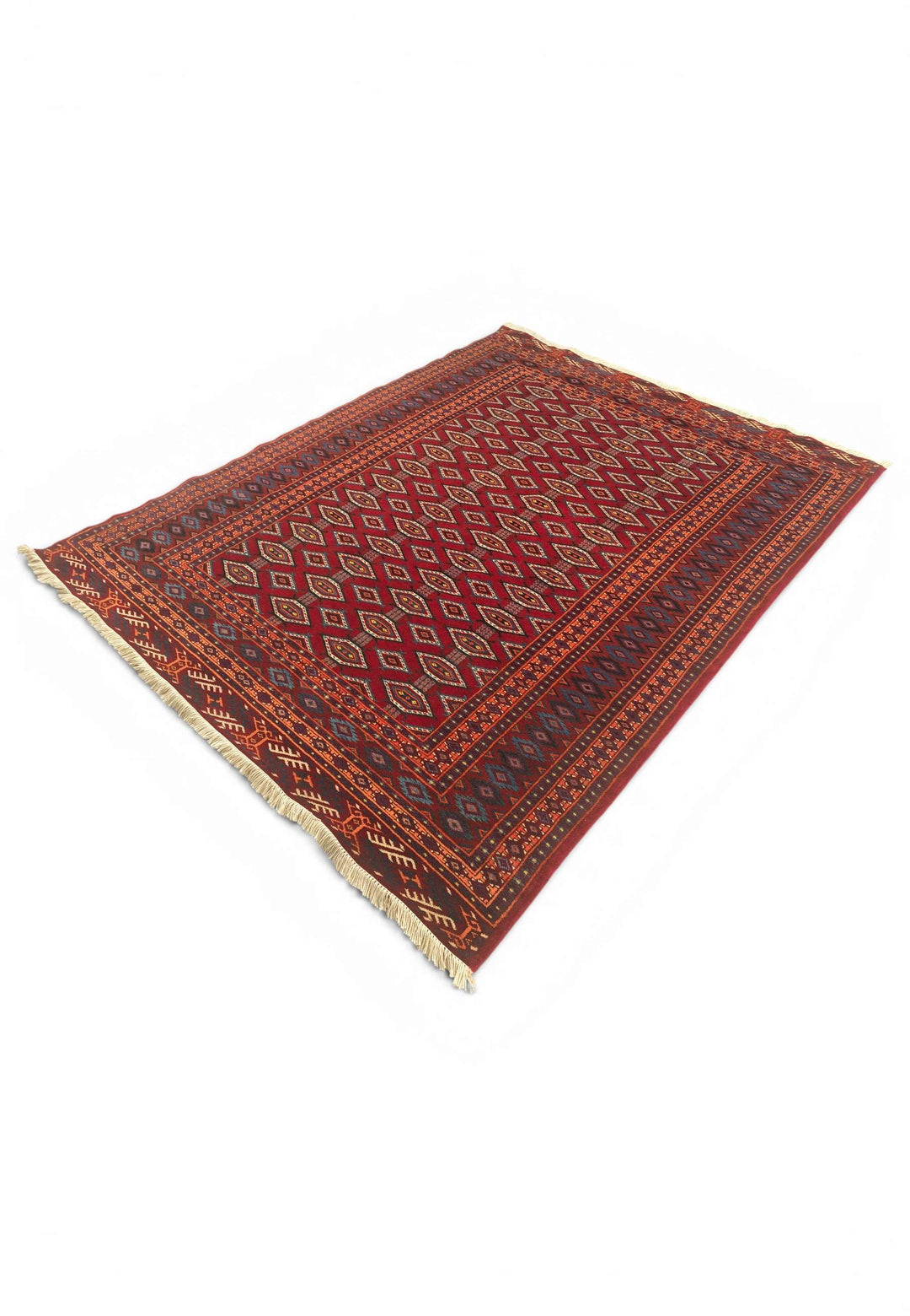 Border detail of deep red Turkmen hand-knotted Afghan rug