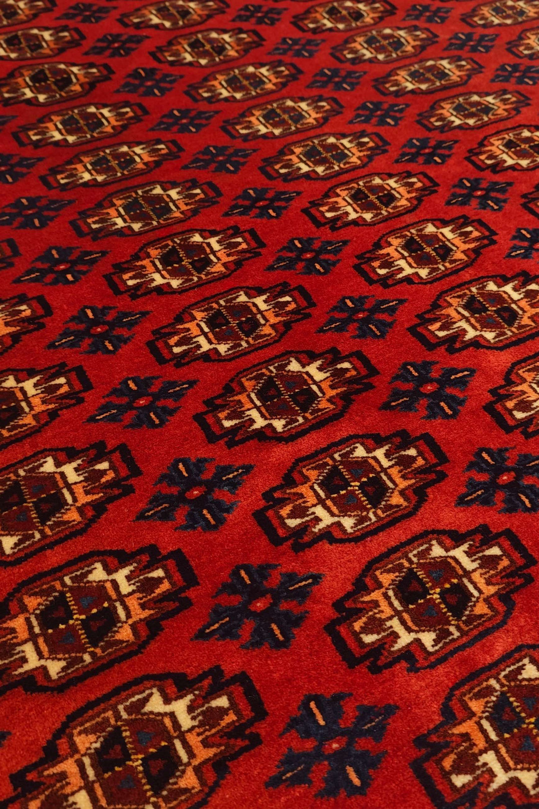 Border detail of red Bokhara hand-knotted Afghan rug