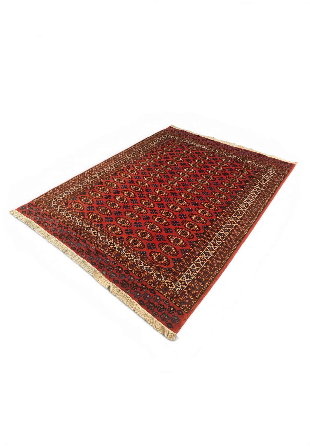 Hand-knotted wool pile of red Bokhara gül rug, 138×181cm