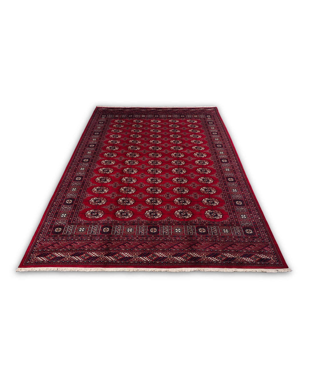 Hand-knotted wool pile of red Bokhara rug, 219×291cm