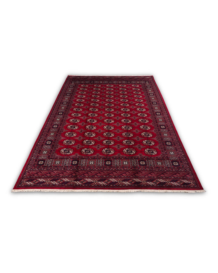 Hand-knotted wool pile of red Bokhara rug, 219×291cm