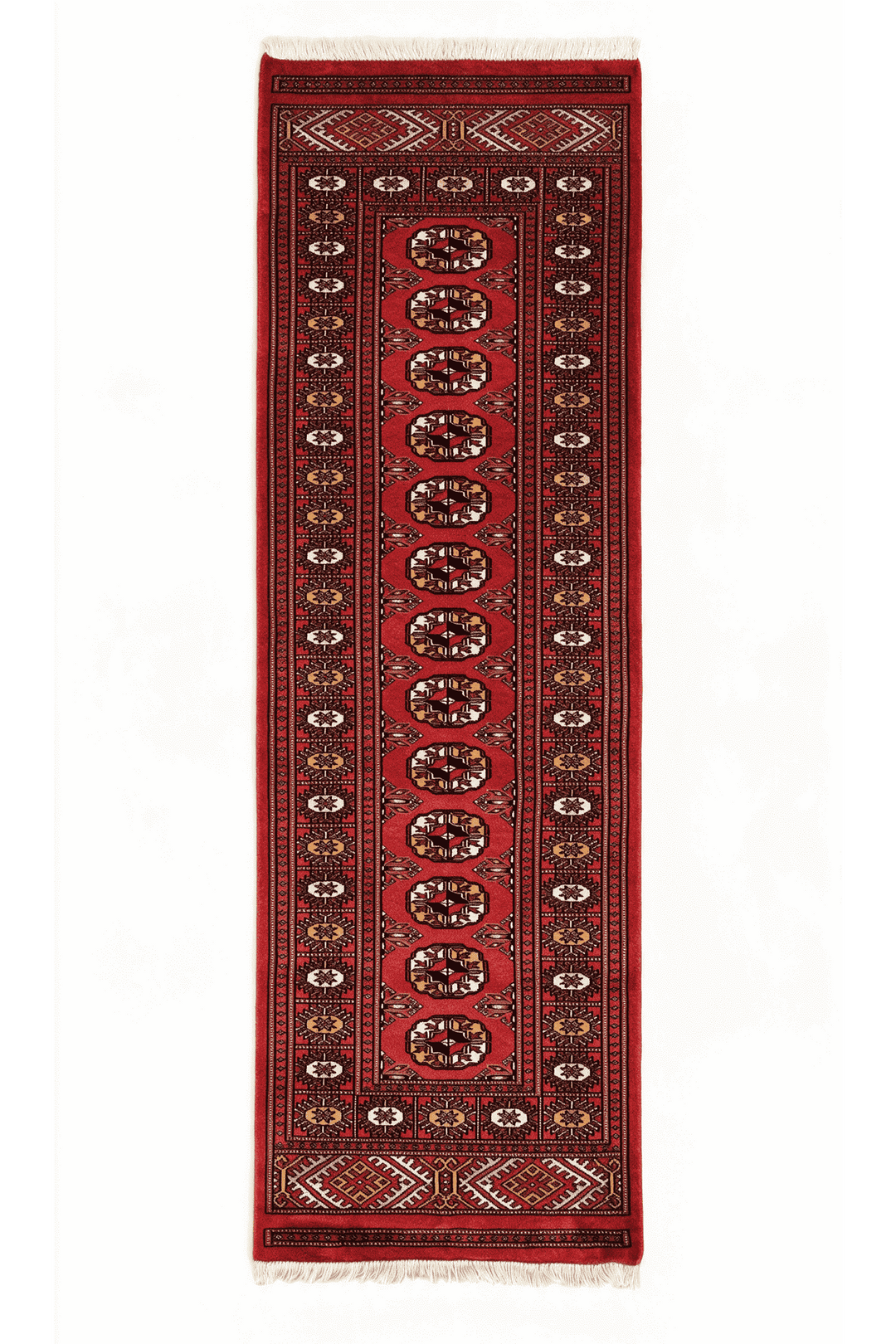 Red and orange Turkmen gül Bokhara rug, 64×177cm, entrance mat size