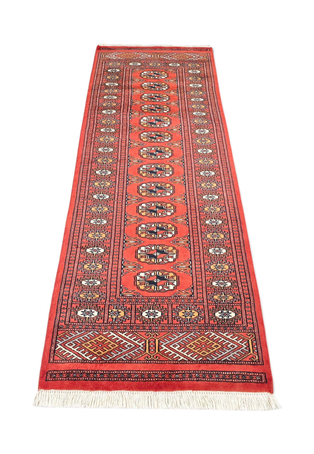 Hand-knotted wool pile of red orange Bokhara rug, 64×177cm