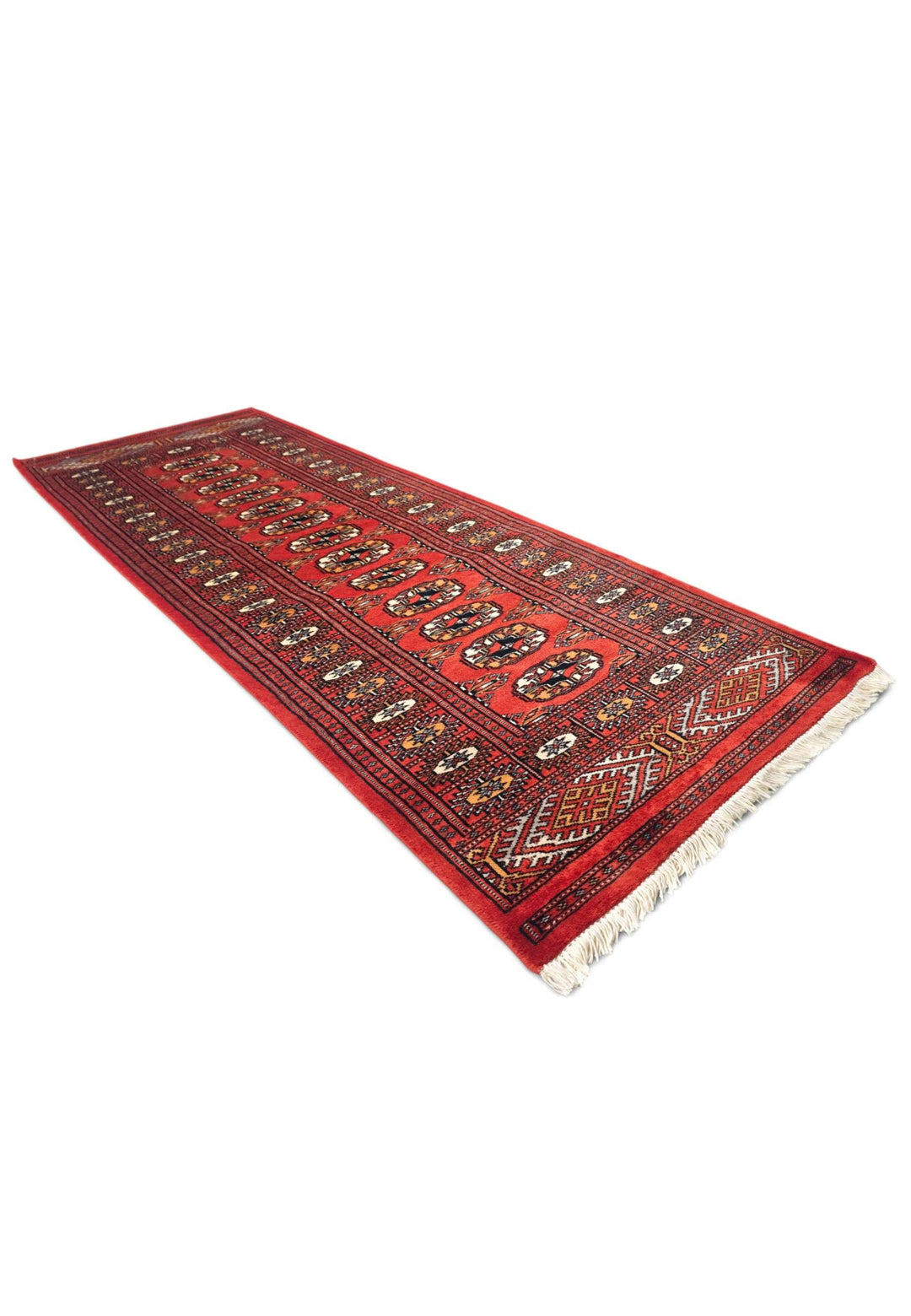 Red and orange Turkmen gül rug for an entrance, 64×177cm