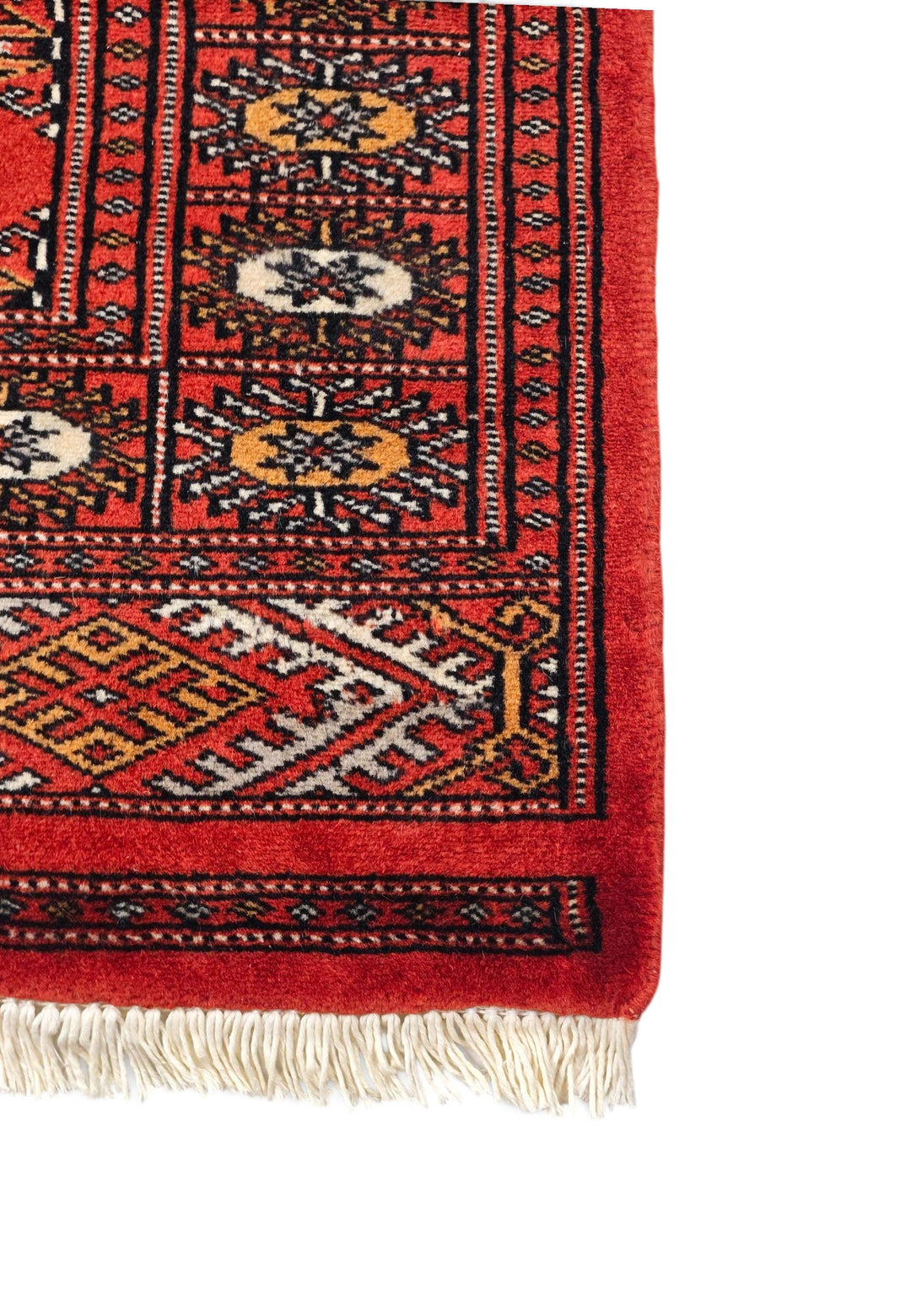 Hand-knotted red Bokhara rug with orange Turkmen güls