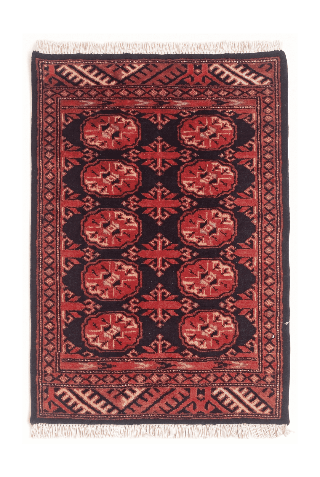 Espresso and brick red Turkmen gül Bokhara rug, 64×96cm, entrance mat size