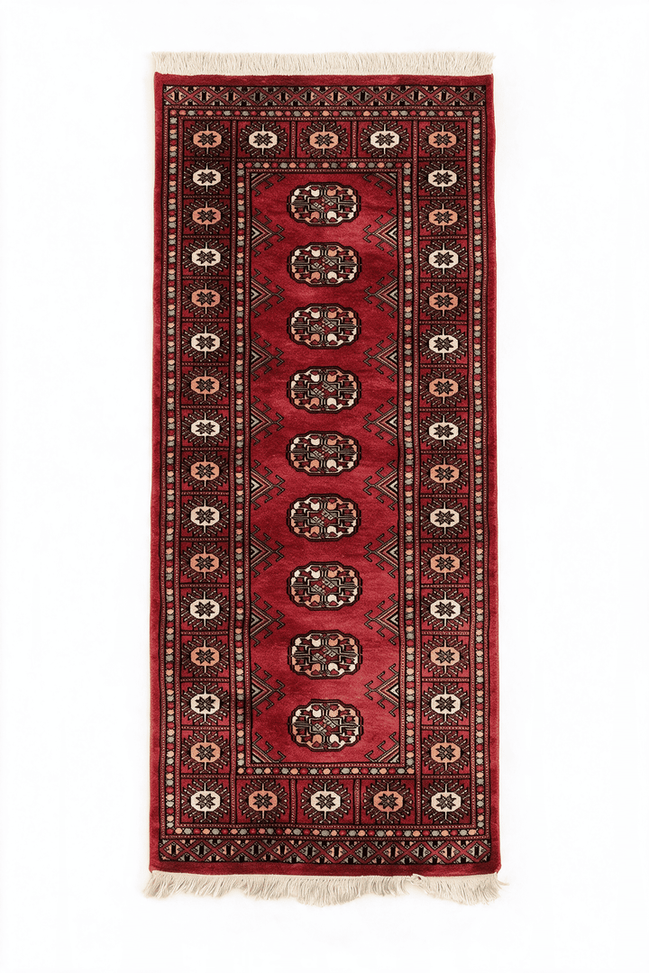 Red and salmon Turkmen gül Bokhara wool rug, 70×136cm, entrance mat size