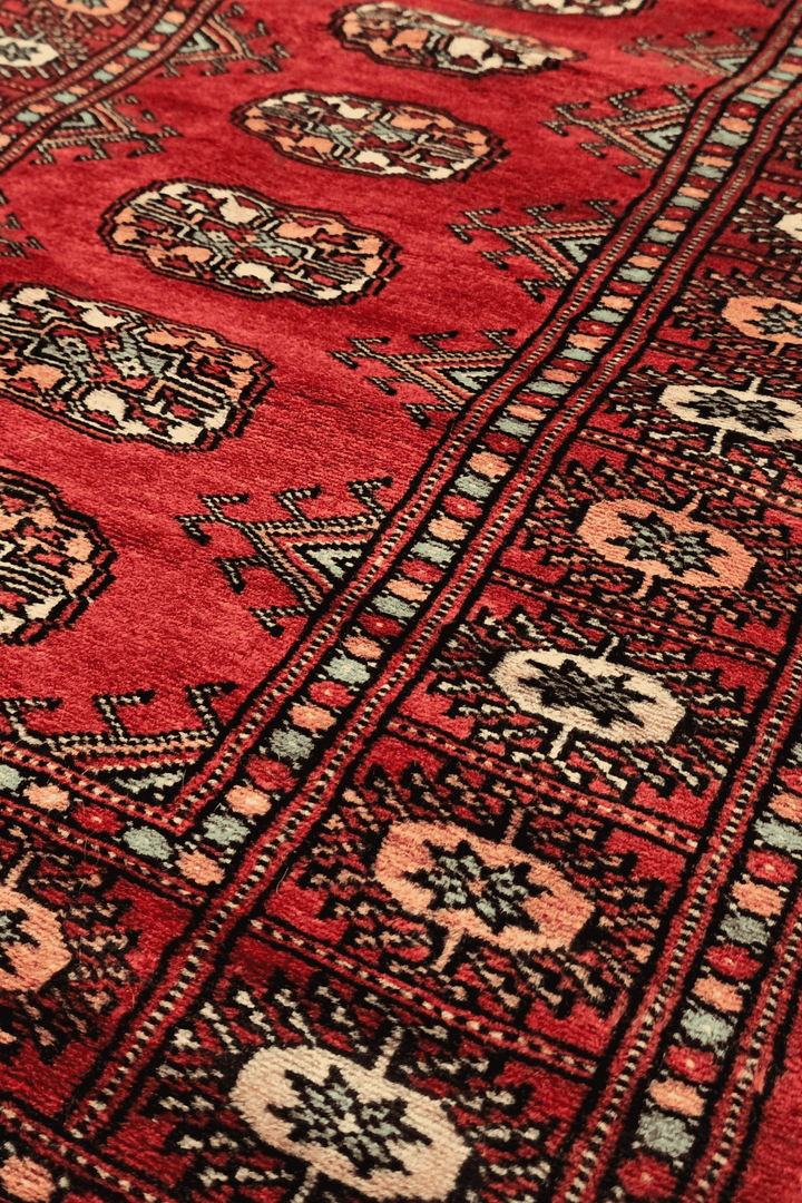 Turkmen gül motifs in red and salmon on small Bokhara rug