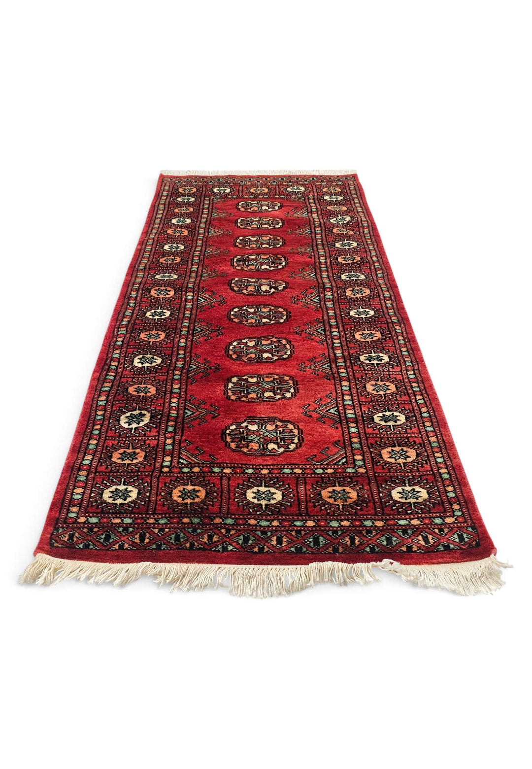Border detail of red and salmon hand-knotted Bokhara rug