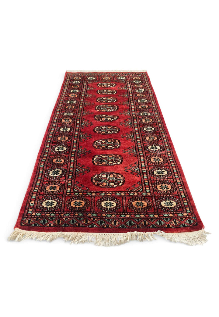 Border detail of red and salmon hand-knotted Bokhara rug