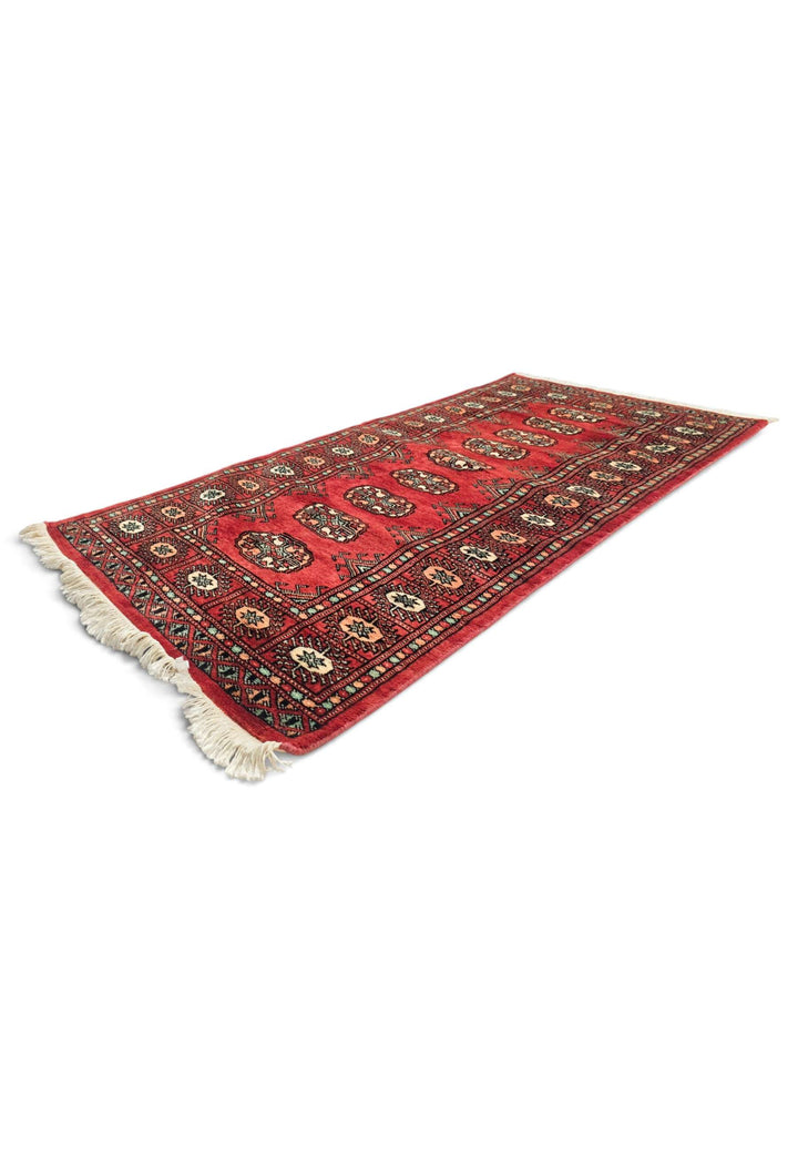 Hand-knotted wool pile of red salmon Bokhara rug, 70×136cm