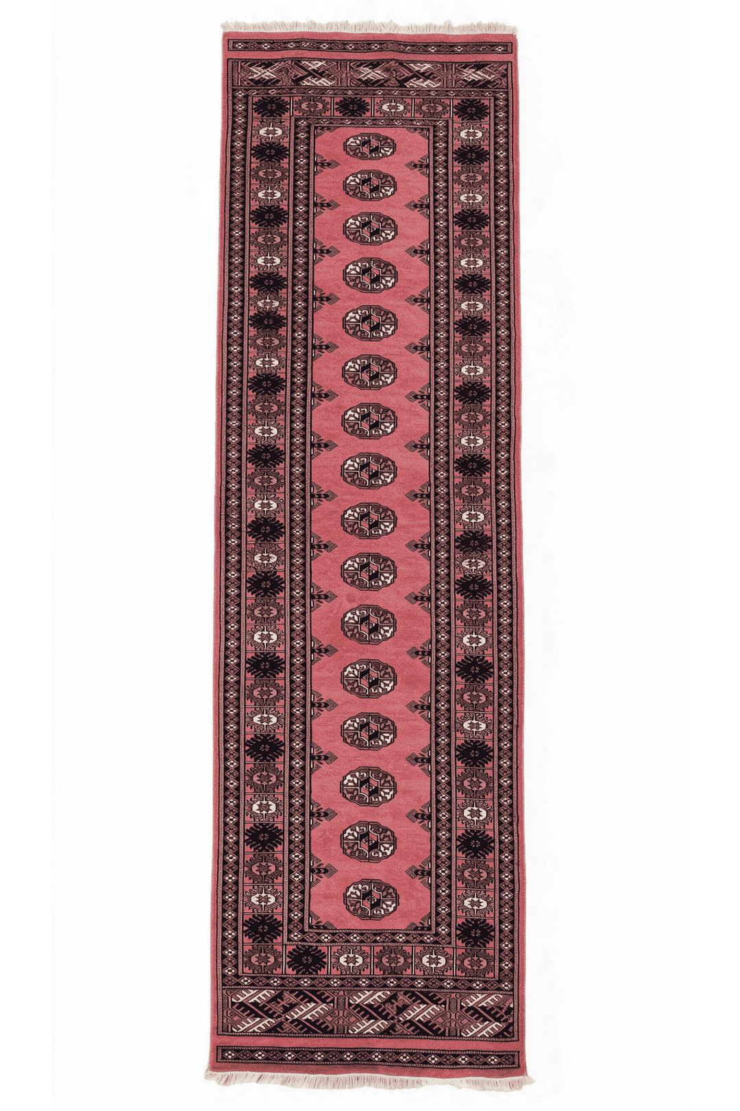 Rose and navy single column gül Bokhara runner, 76×306cm, hand-knotted wool
