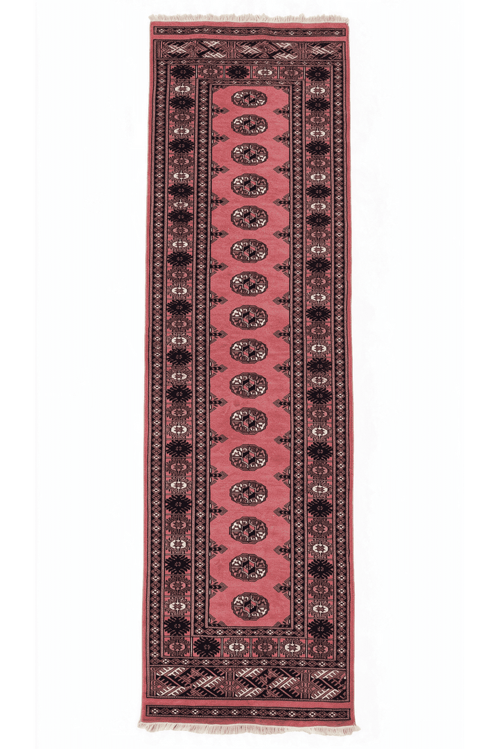 Rose and navy single column gül Bokhara runner, 76×306cm, hand-knotted wool