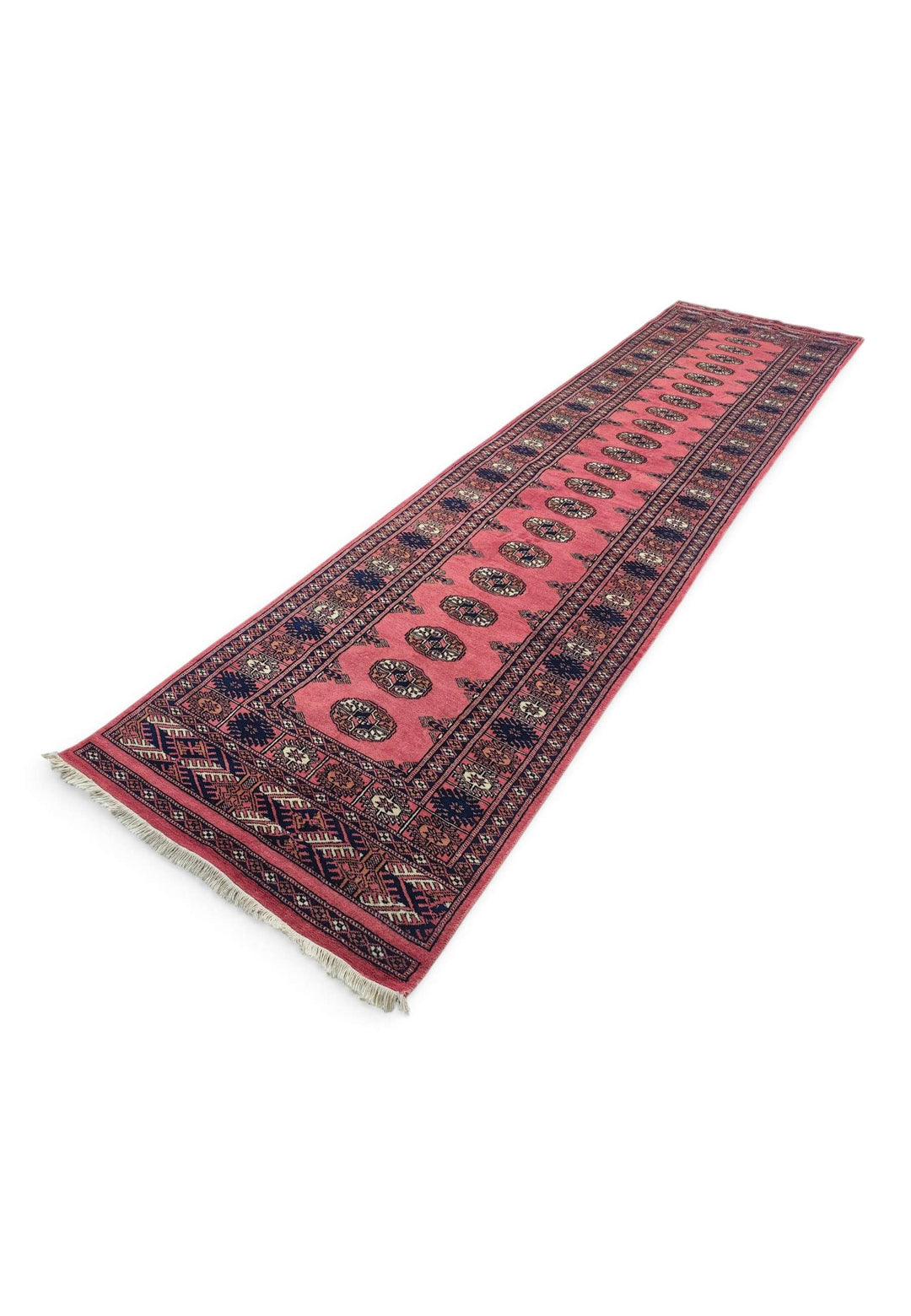 Hand-knotted wool pile of rose navy Bokhara runner, 76×306cm