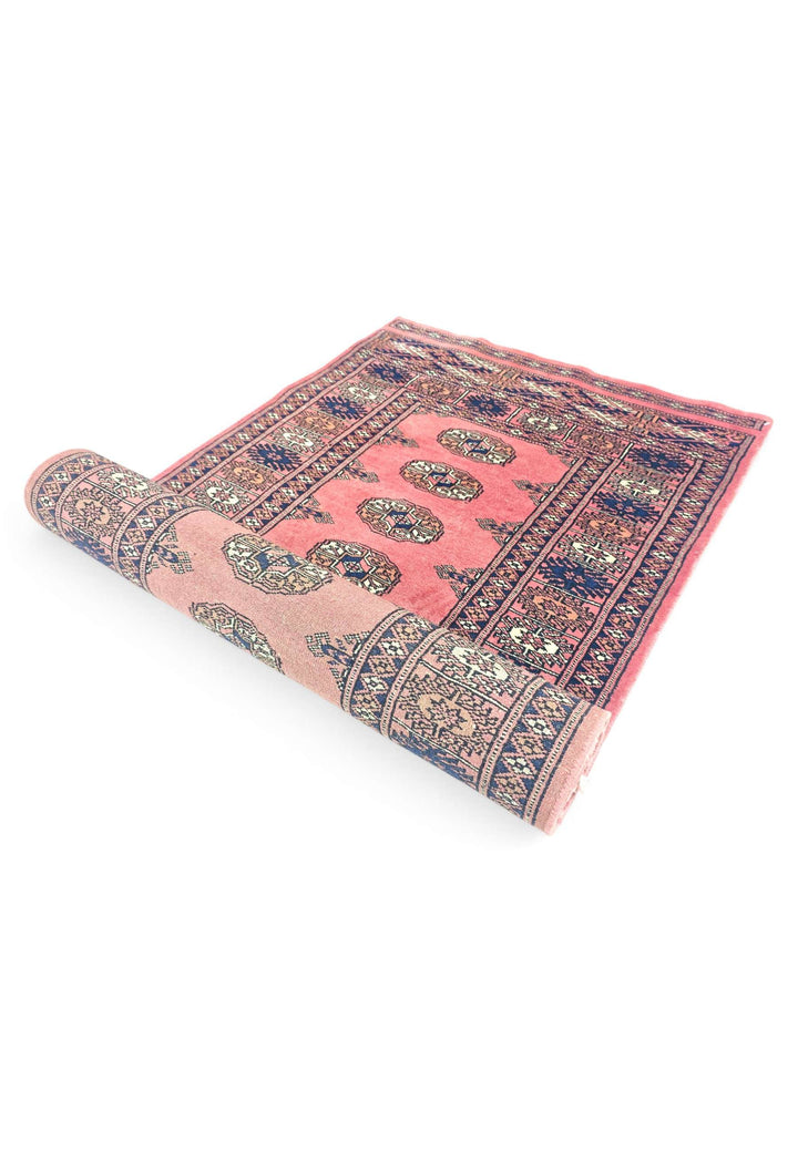 Rose and navy Turkmen gül runner for a hallway, 76×306cm