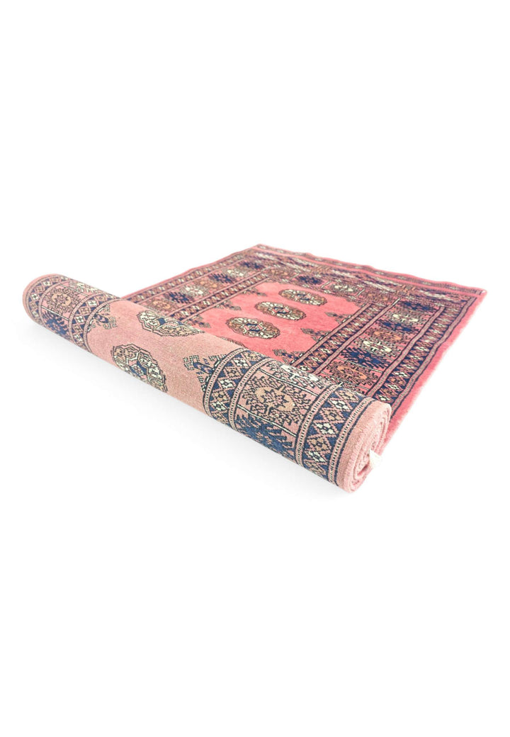 One-of-a-kind rose and navy Pakistani Bokhara runner