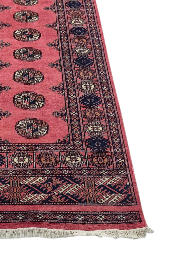 Rose and navy hand-knotted Bokhara wool runner, 306cm long