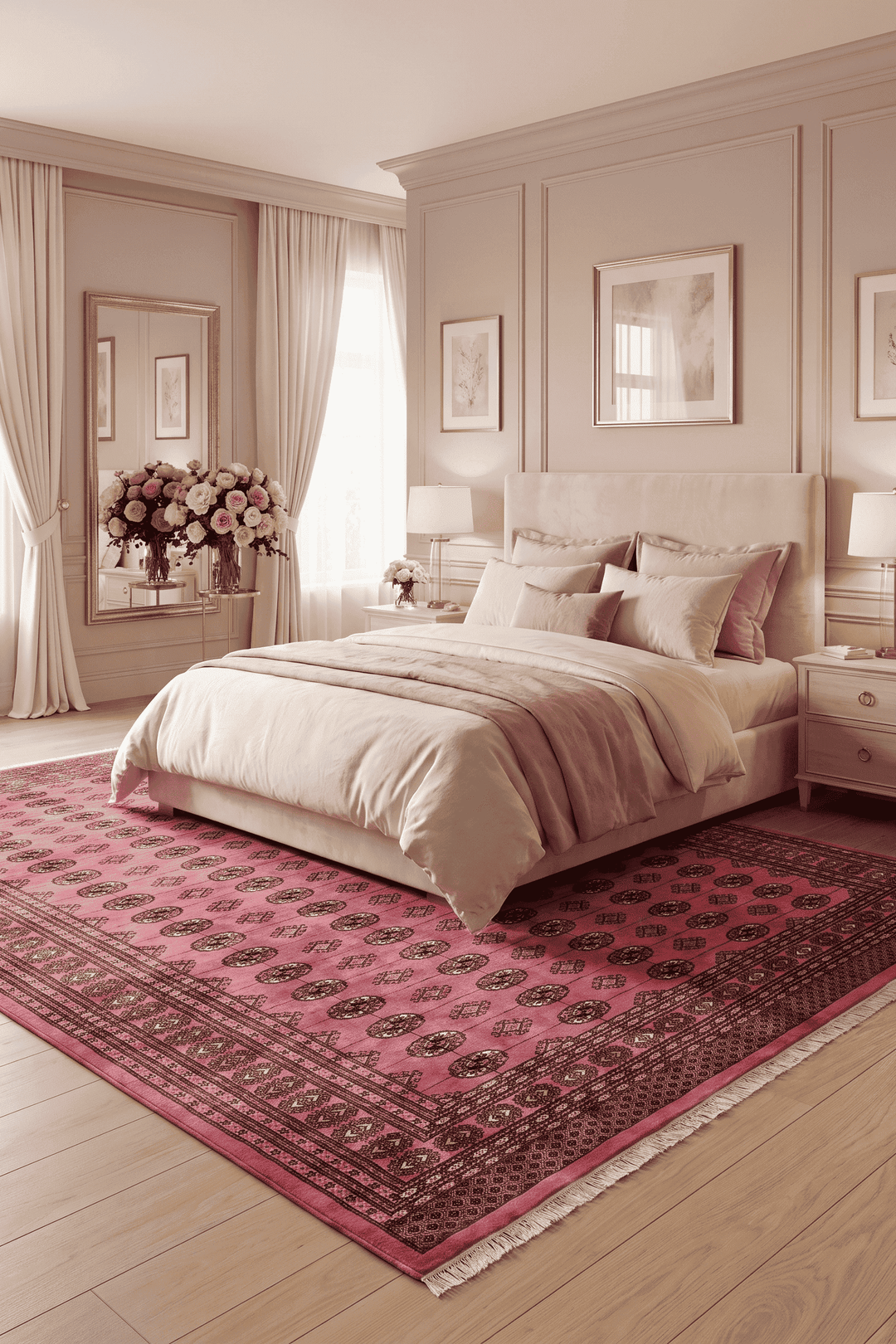 Border detail of rose pink hand-knotted Bokhara rug
