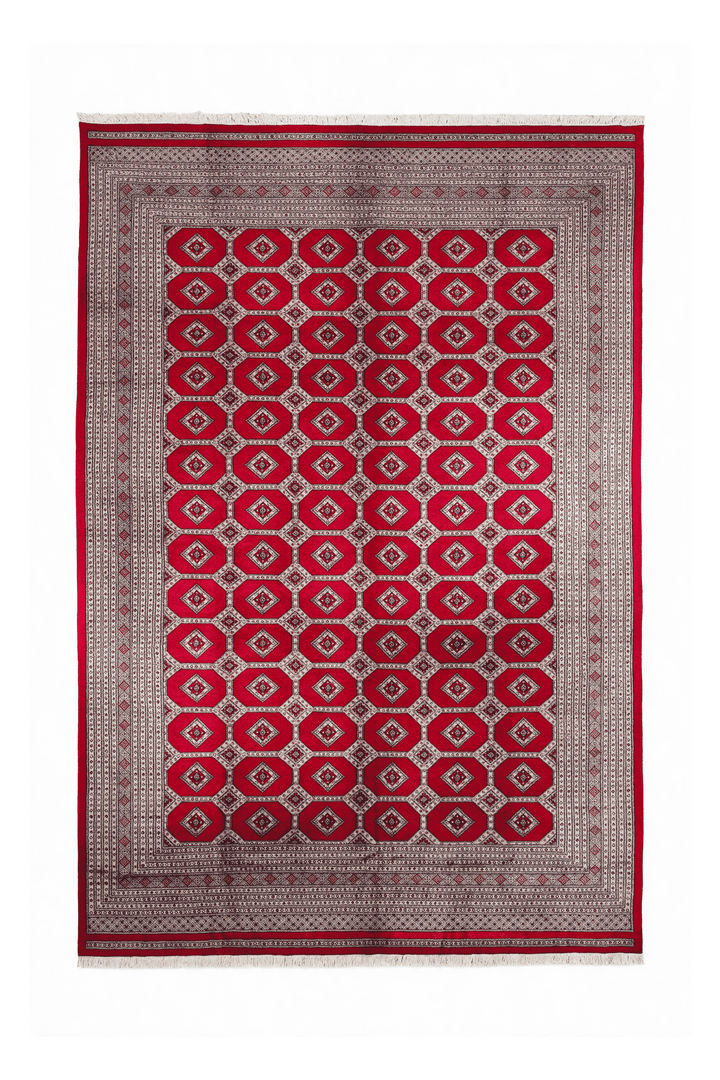 Ruby red diamond lattice Bokhara hand-knotted wool rug, 295×415cm, 8 tatami