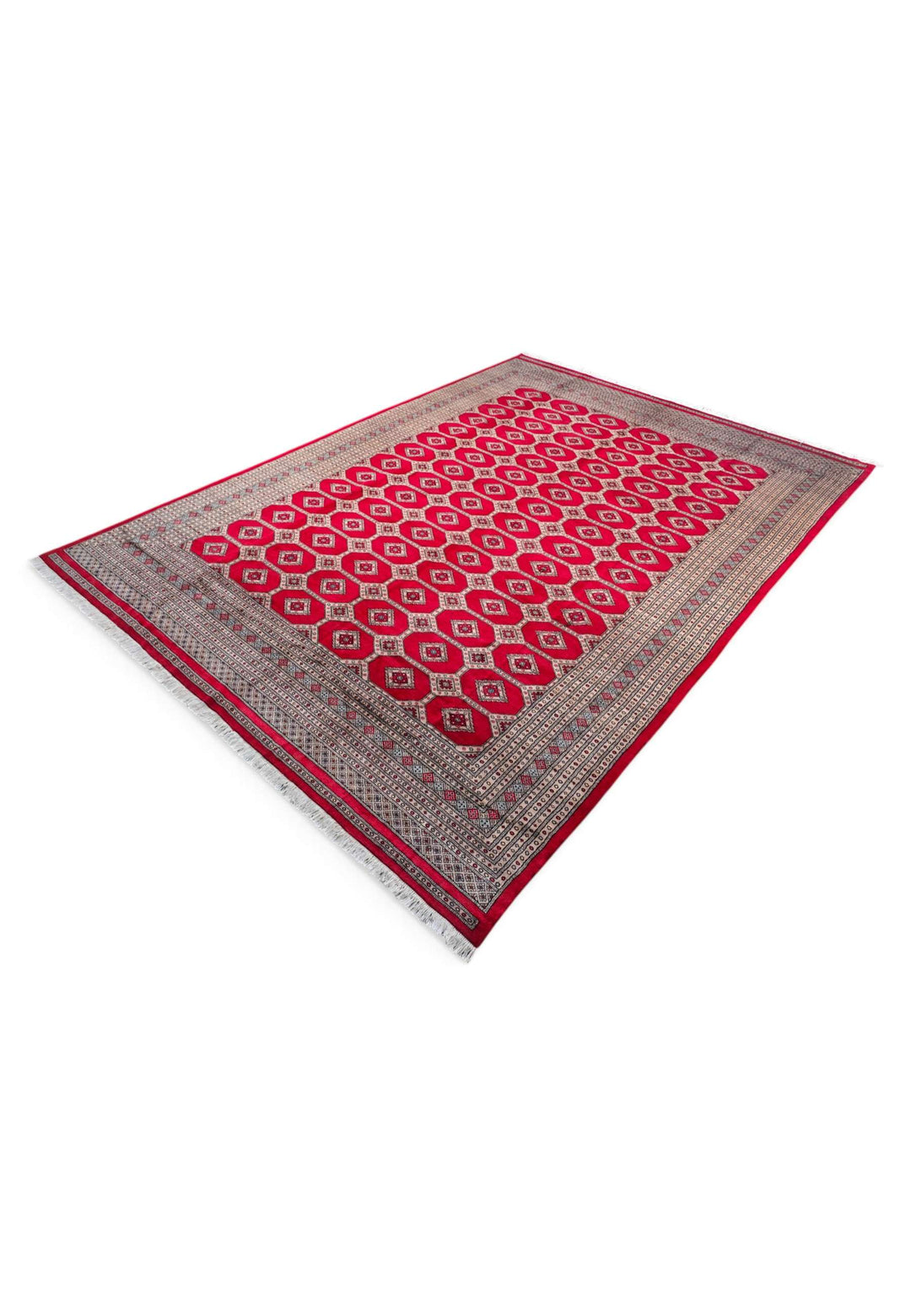 Hand-knotted wool pile of ruby lattice Bokhara rug, 295×415cm