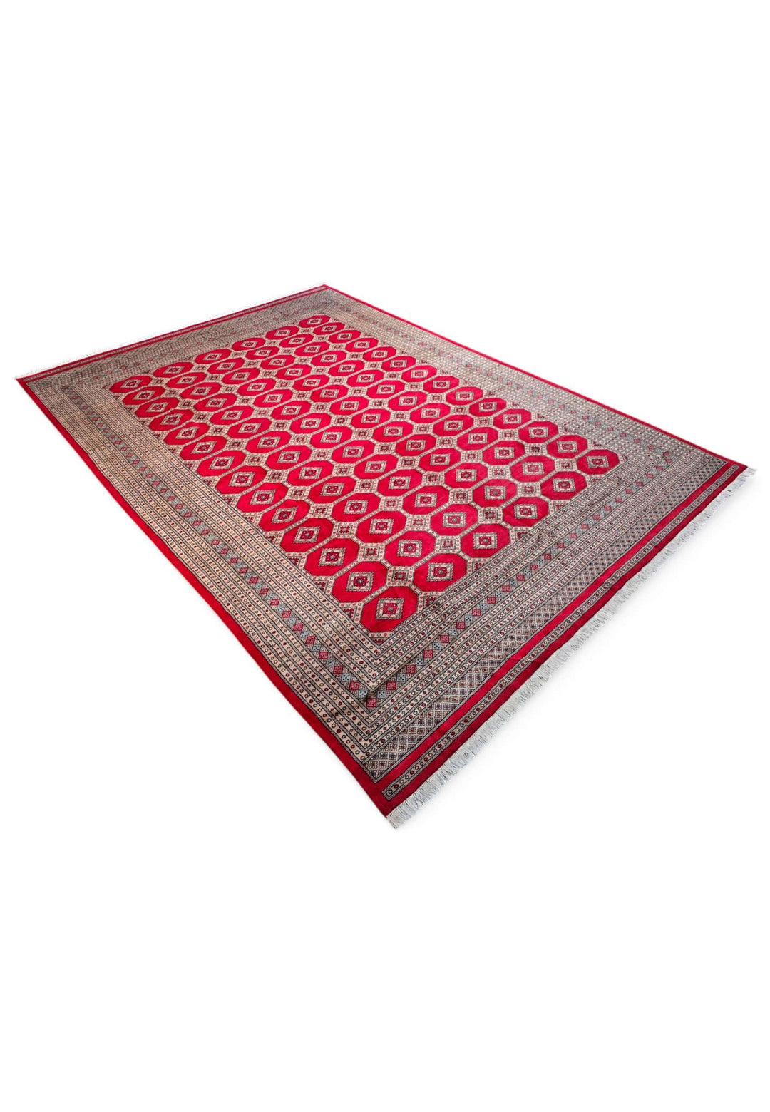 Ruby lattice Bokhara hand-knotted wool rug 295×415cm, Pakistani craftsmanship