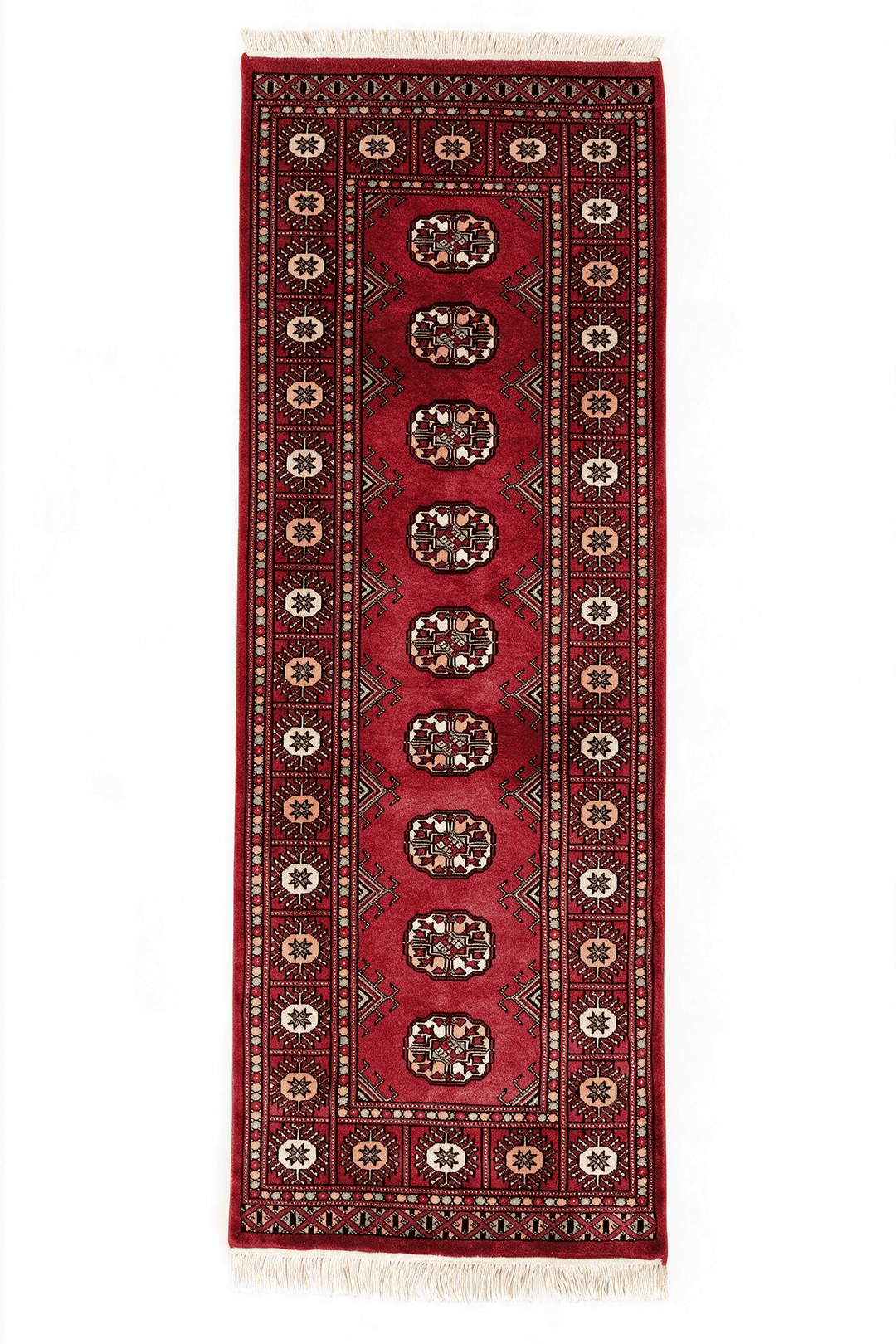 Ruby red and peach Turkmen gül Bokhara rug, 70×139cm, entrance mat size