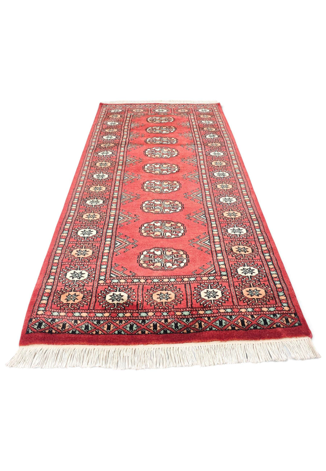 Hand-knotted wool pile of ruby peach Bokhara rug, 70×139cm