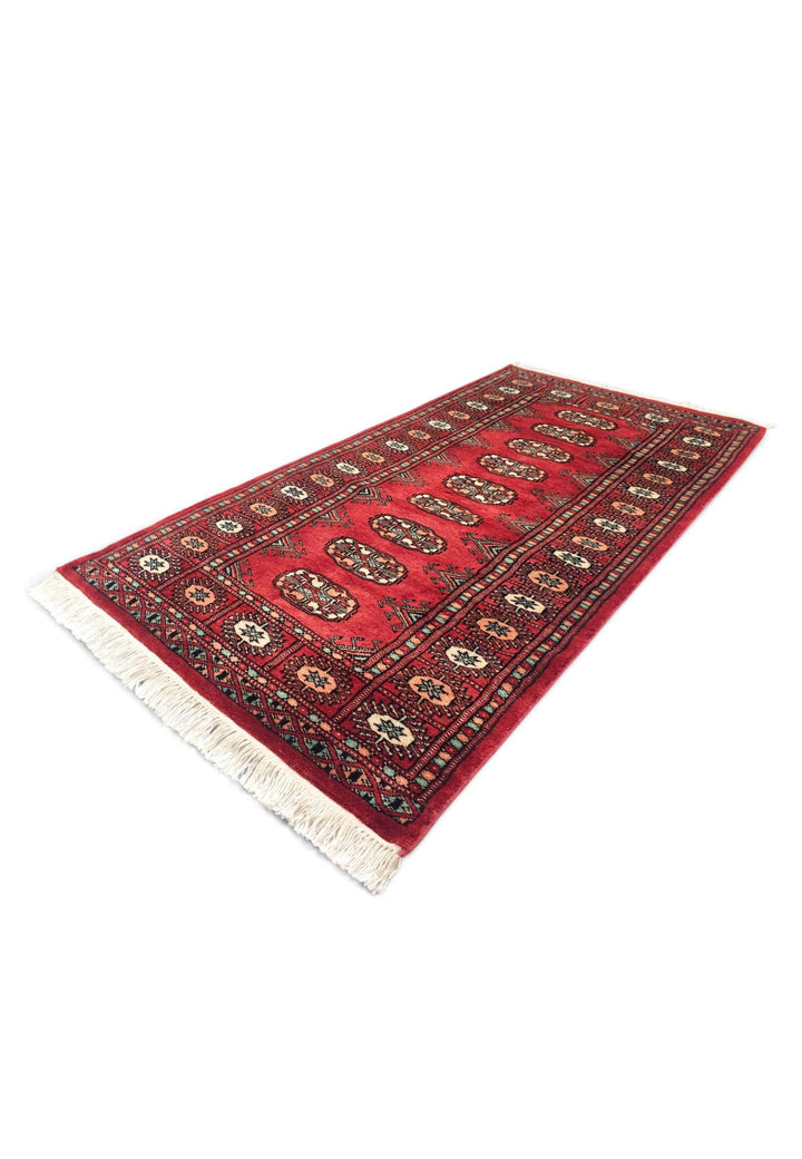 Ruby red and peach Turkmen gül rug for an entrance, 70×139cm
