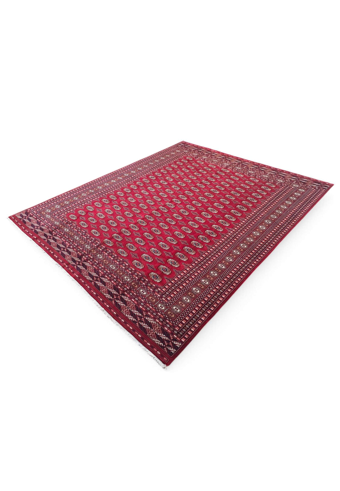 Hand-knotted wool pile of ruby red Bokhara rug, 305×243cm