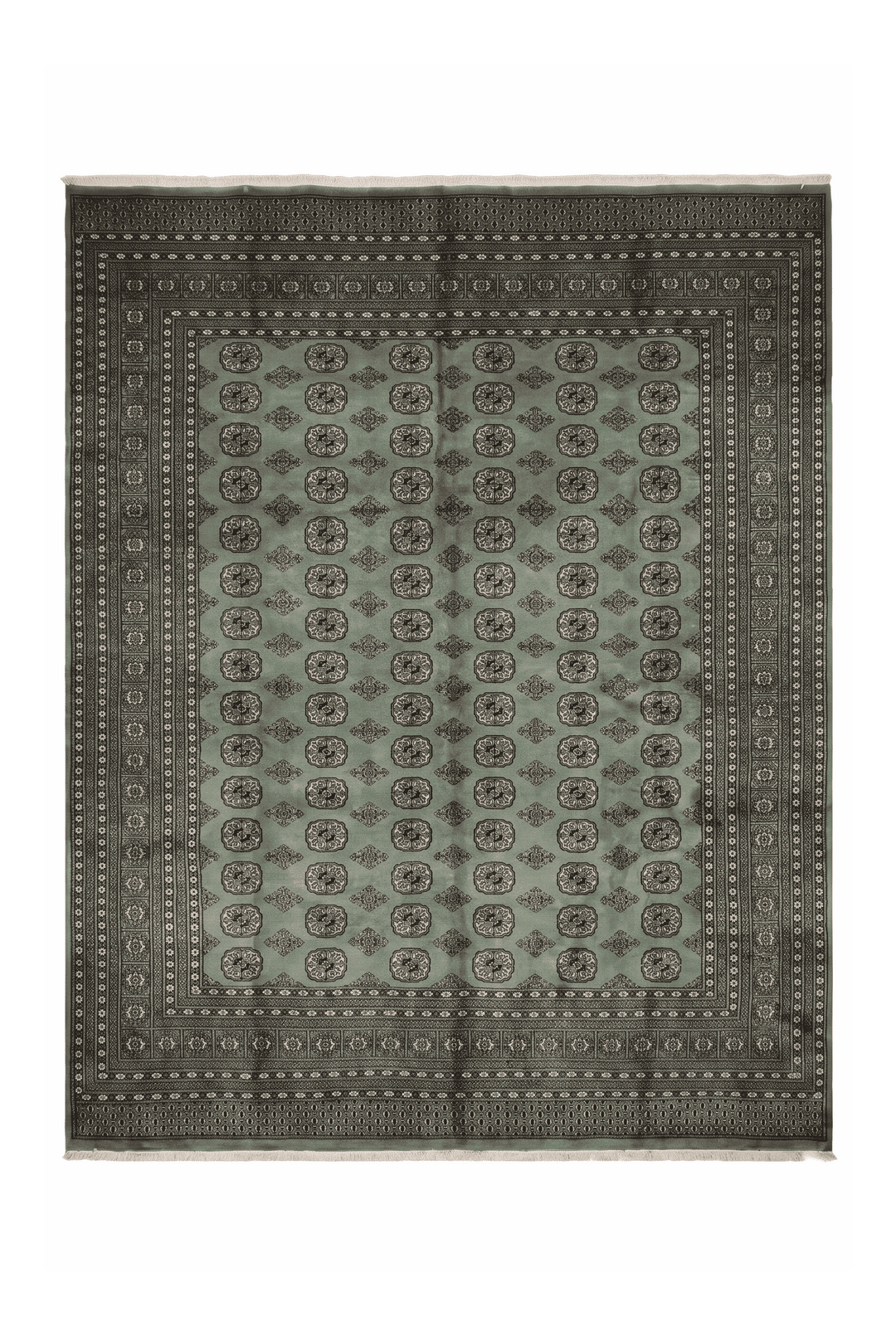 Sage green Turkmen gül Bokhara square rug, 271×271cm, about 4.5 tatami