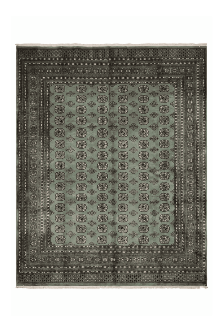 Sage green Turkmen gül Bokhara square rug, 271×271cm, about 4.5 tatami