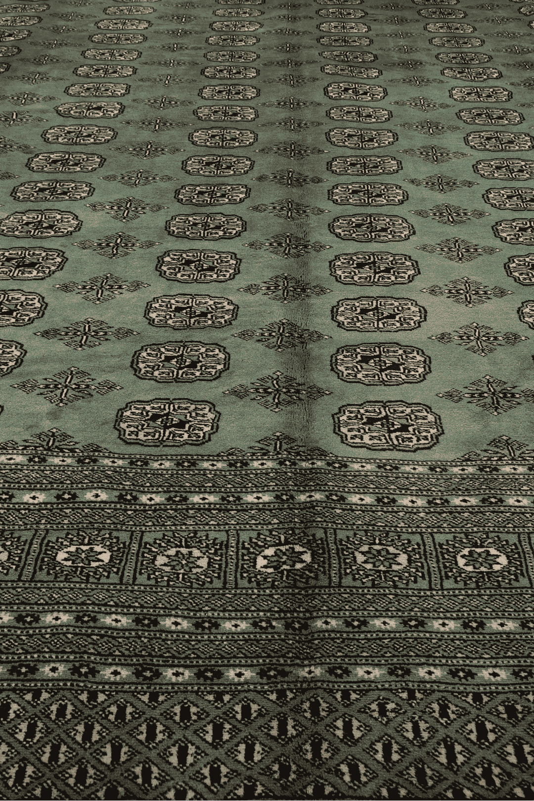 Hand-knotted wool pile of sage green square Bokhara rug, 271×271cm