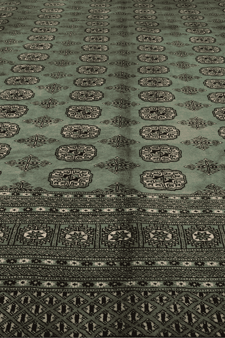 Hand-knotted wool pile of sage green square Bokhara rug, 271×271cm