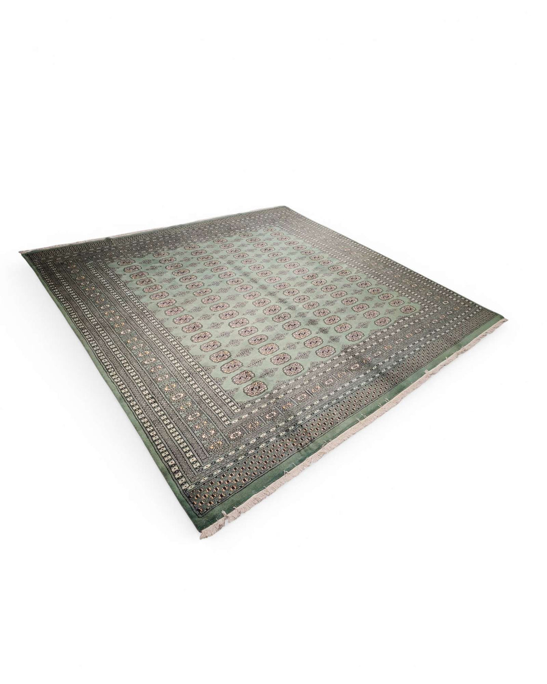 One-of-a-kind sage green Pakistani Bokhara square wool rug