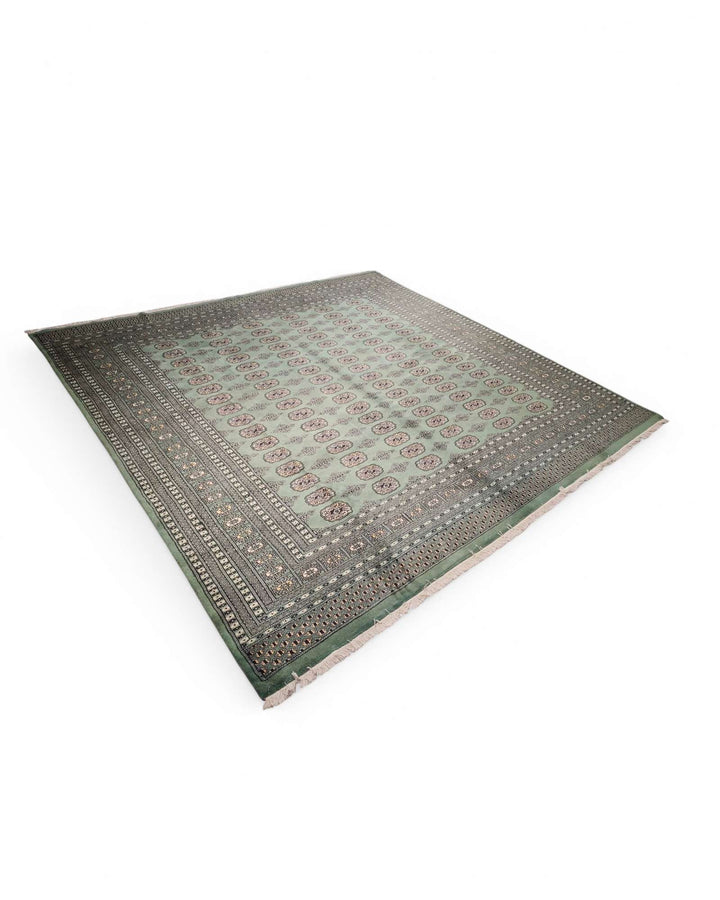 One-of-a-kind sage green Pakistani Bokhara square wool rug