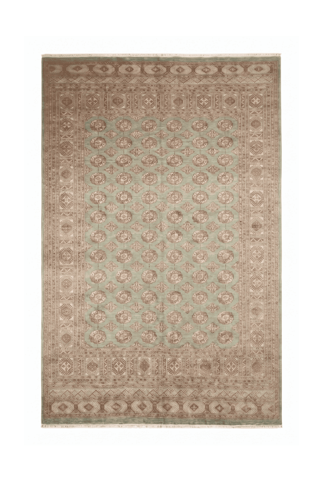 Sage and rose Turkmen gül Bokhara hand-knotted wool rug, 365×290cm, 6 tatami