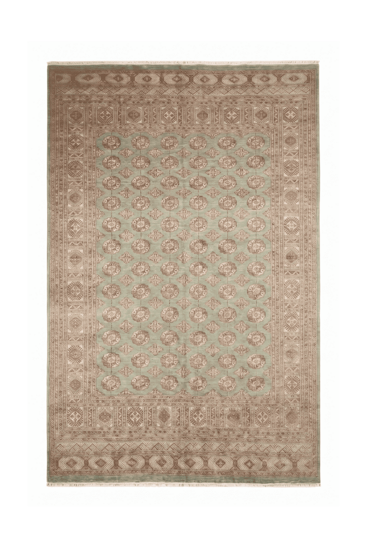 Sage and rose Turkmen gül Bokhara hand-knotted wool rug, 365×290cm, 6 tatami