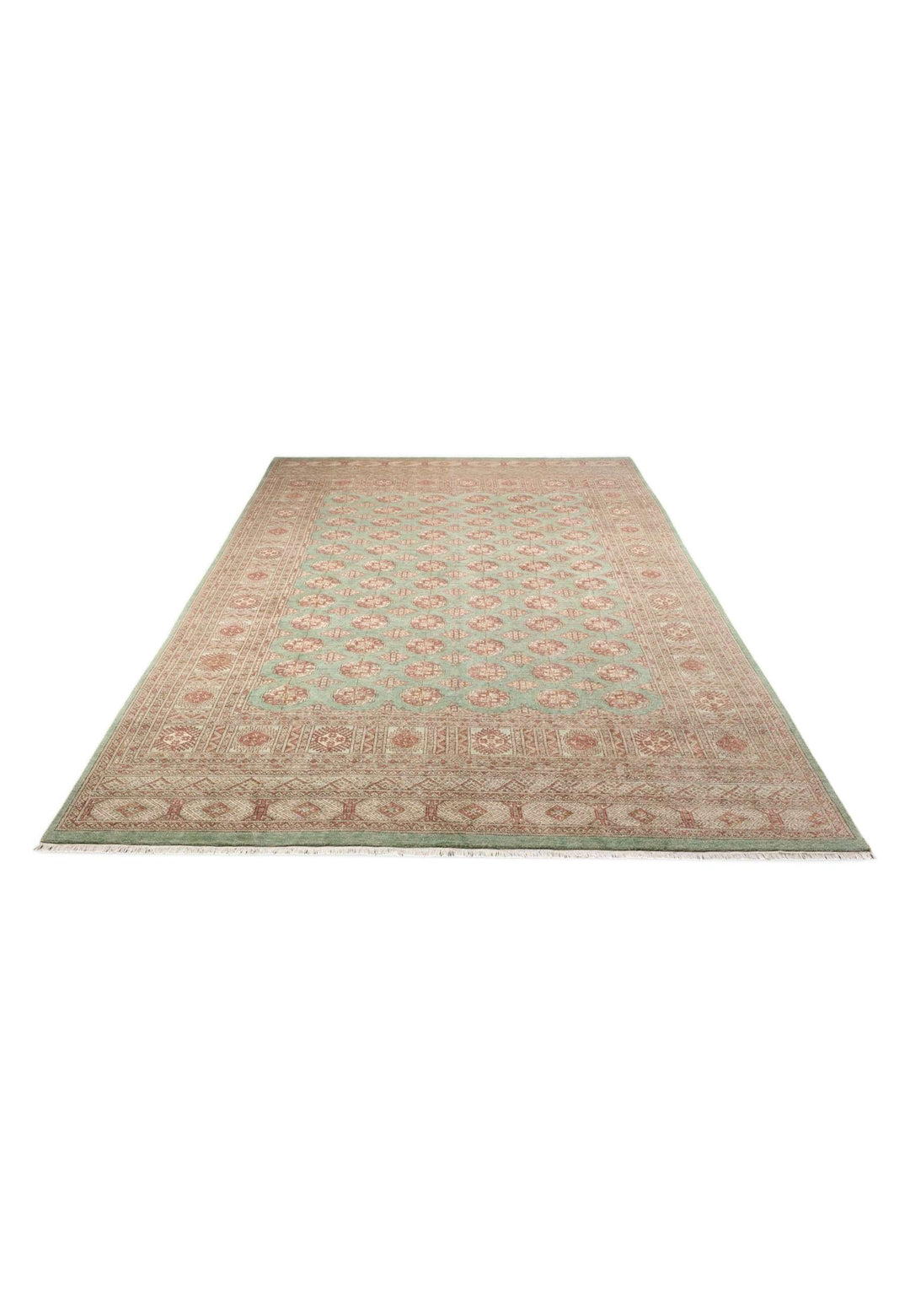 Border detail of sage and rose hand-knotted Bokhara wool rug