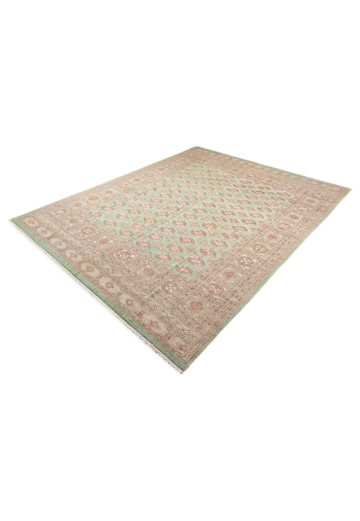 Hand-knotted wool pile of sage rose Bokhara rug, 365×290cm