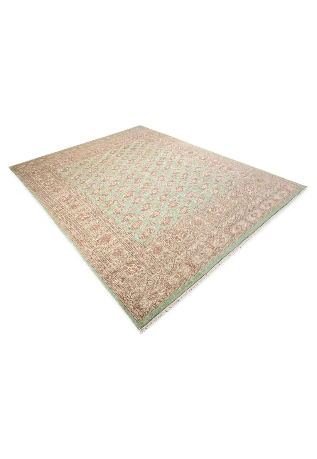 Sage rose Bokhara hand-knotted wool rug 365×290cm, Pakistani craftsmanship