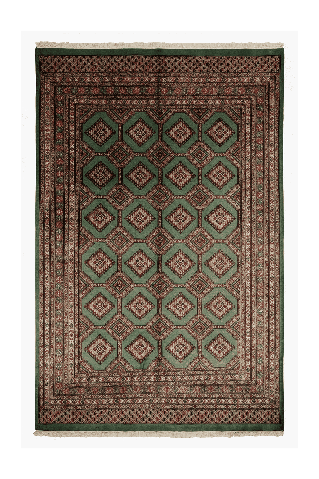 Sage green and taupe compartment lattice Bokhara wool rug, 201×257cm, 3 tatami