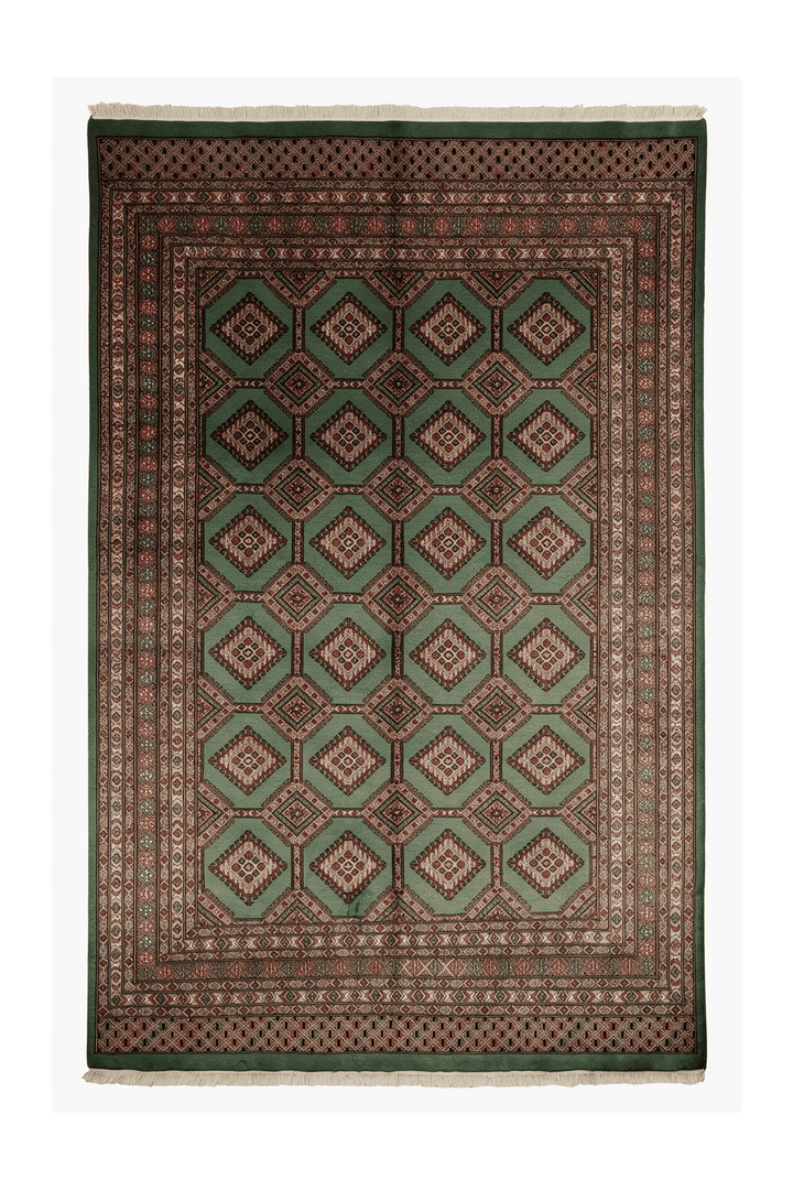 Sage green and taupe compartment lattice Bokhara wool rug, 201×257cm, 3 tatami