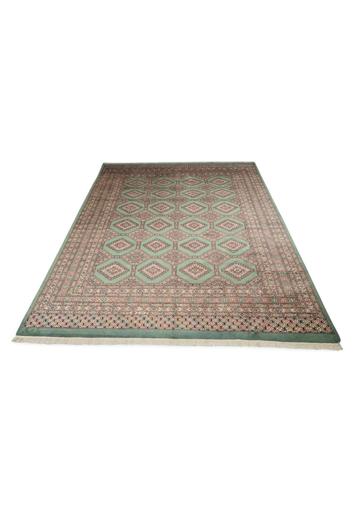 Hand-knotted wool pile of sage lattice Bokhara rug, 201×257cm