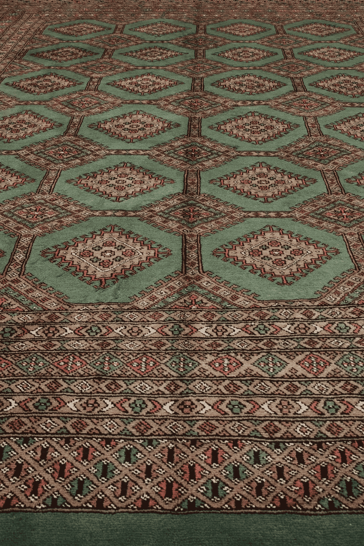 One-of-a-kind sage green lattice Pakistani Bokhara rug, 201×257cm